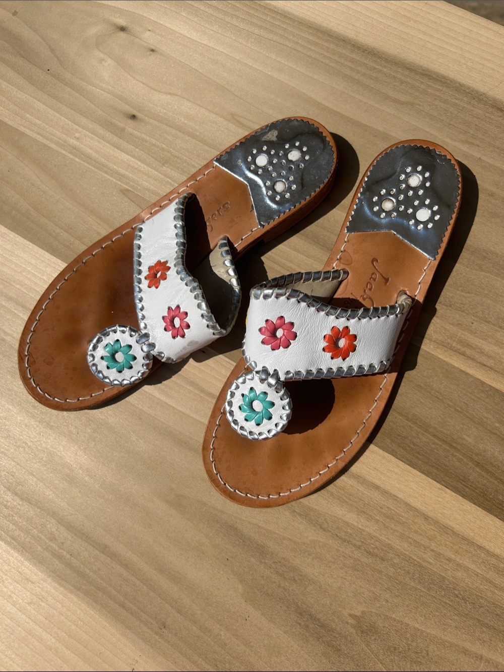 Jack Rogers White Leather Sandals with Red, Orange & Teal Floral Accents